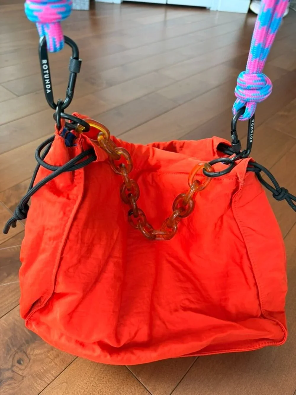 Rotunda Orange Nylon Hobo Bag Rope Strap Resin Chain NWOT